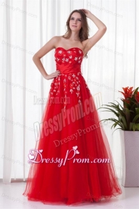 A-line Sweetheart Red Long Beading Tulle 2014 Prom Dress