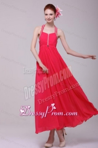 Empire Halter Top Neck Red Beading Ankle-length Prom Dress