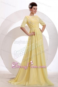 Light Yellow Empire Bateau Appliques with Beading Short Sleeves Prom Dress
