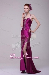 Sexy Column Straps Beading Elastic Woven Satin Brush Train Fuchsia Prom Dress with Criss Cross