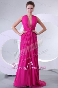 Sexy Fuchsia Column V-neck Criss-cross Prom Dress with Ruche
