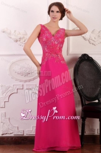 V-neck Empire Chiffon Appliques with Beading Prom Dress in Hot Pink