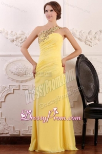 Beaded Decorate One Shoulder Yellow Chiffon Column Prom Dress