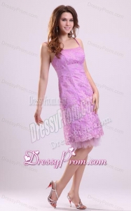 Cheap Column Lilac Straps Knee-length Tulle Appliques Prom Dress