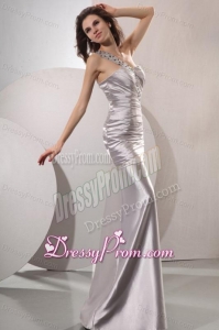 Column Beaded Decorate One Shoulder Long Prom Dress in Gray