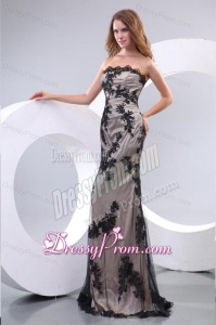 Discout Column Strapless Floor-length Tulle Appliques Black Prom Dress