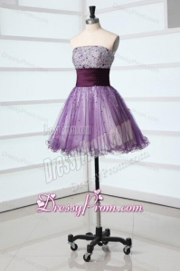 Lovely A-line Strapless Purple Mini-length Beading Tulle Prom Dress