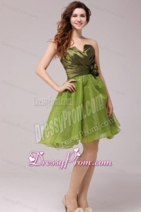 Olive Green V-neck Ruching Hand Made Flower Prom Dress