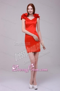Red Column V-neck Hand Made Flowers Mini-length Prom Dress