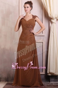 V-neck Column Chiffon Appliques with Beading Prom Dress in Brown