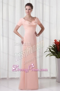 Watermelon Column V-neck Short Sleeves Ruching Chiffon Prom Dress