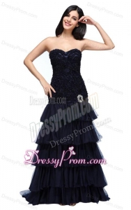 A-line Navy Blue Sweetheart Ruffled Layers Beading Appliques Prom Dress