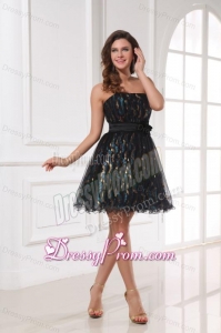 A-line Sequins Strapless Belt Black Knee-length Prom Dress