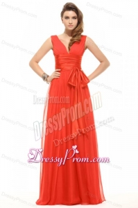 Empire Organe Red V-neck Ruching Chiffon Prom Dress