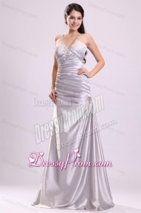 Column Straps Beading Ruching Satin Floor-length Silver Prom Dress