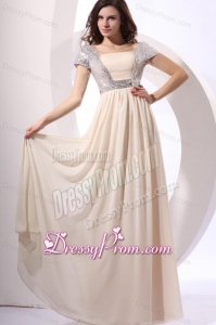 Empire Chiffon Scoop Champagne Long Prom Dress with Short Sleeves