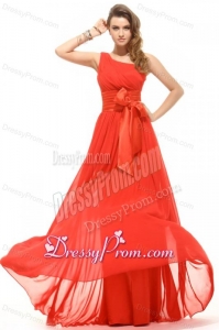 Empire Orange Red One Shoulder Bow Ruching Chiffon Prom Dress