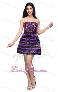 Multi-color Strapless A-line Ruffled Layers Sequins Knee-length Prom Dress