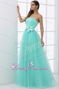 A-line Baby Blue Strapless Sash Beading Tulle Prom Dress