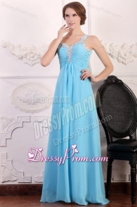 Aqua Blue One Shoulder Empire Chiffon Beaded Decorate Prom Dress