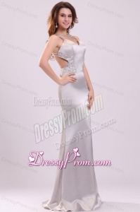 Column Straps Beading Satin Floor-length Gray Prom Dress