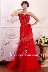 Red Column Sweetheart Brush Train Prom Dress with Beading