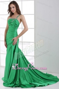 A-line Green One Shoulder Beading and Ruche Sweep Train Prom Dress