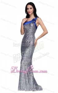 Column One Shoulder Silver Sequins High Slit Brush Train Prom Dress