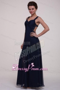Navy Blue Empire Straps Prom Dress with Beading and Ruching