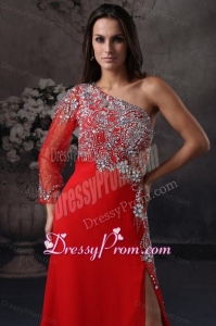 High Slit One Shoulder Red Prom Dress with Beading Long Sleeve