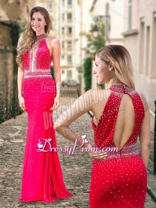 2016 Column High Neck Backless Beaded Coral Red Dama Dress