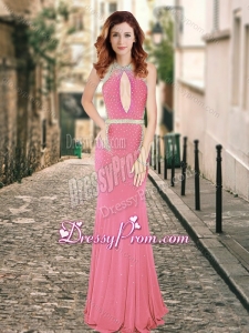 2016 High Neck Beaded Backless Pink Dama Dress with Brush Train