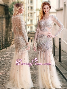 2016 Column High Neck Beaded Champagne Prom Dress with Long Sleeves