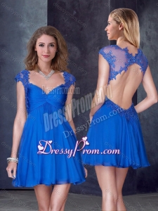 2016 V Neck Backless Blue Prom Dress with Appliques and Beading