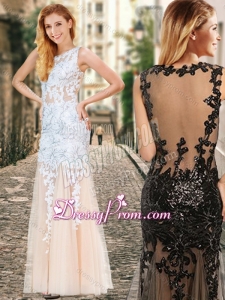 2016 See Through Back Scoop Champagne Christmas Party Dress with Appliques