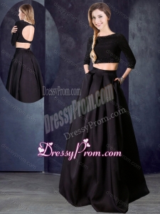 2016 Two Piece Bateau Beaded Black Prom Dress with Three Fourths Length Sleeves