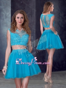 2016 Two Piece Short Bateau Teal Prom Dress with Appliques