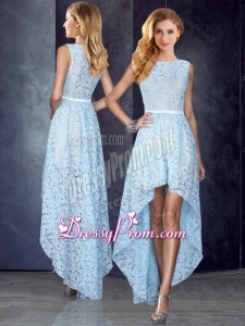 2016 Bateau High Low Light Blue Clearance Prom Dress in Lace