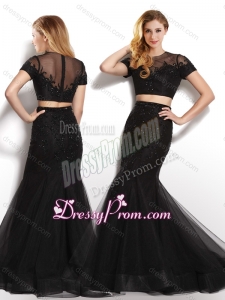 2016 ClearanceTwo Piece Scoop Black Prom Dress with Short Sleeves
