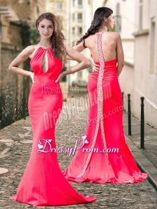 2016 Exclusive High Neck Coral Red Prom Dress with Brush Train
