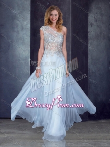 2016 See Through Back One Shoulder Applique Clearance Prom Dress in Light Blue