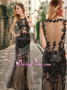2016 See Through Back Scoop Black Clearance Prom Dress with Appliques in Tulle