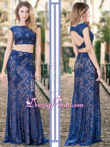 2016 Two Piece Bateau Backless Royal Blue Quinceanera Dama Dresses in Lace
