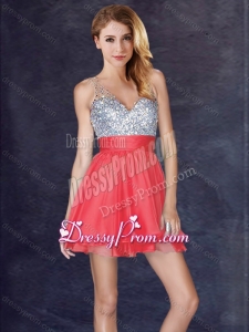 2016 Simple Backless V Neck Sequined Short Prom Dress in Coral Red