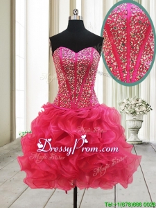 2017 New Arrivals Visible Boning Beaded Bodice and Ruffled Hot Pink Prom Dress