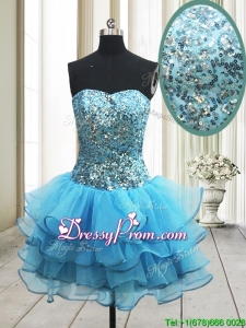 2017 Popular Zipper Up Baby Blue Short Prom Dress with Sequins and Ruffled Layers