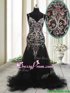 Fashionable Spaghetti Straps Beaded Tulle Black Prom Dress with Brush Train