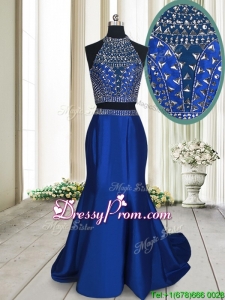 Fashionable Two Piece Criss Cross Brush Train Royal Blue Prom Dress with Beading