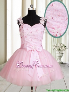 New Applique Decorated Straps Baby Pink Short Prom Dress with Beading and Bowknot
