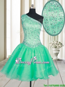 Visible Boning One Shoulder Beaded Bodice Organza Prom Dress in Turquoise